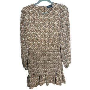 VICI Brown Floral Smocked Mini Dress Long Sleeve Cottagecore Boho M coquette